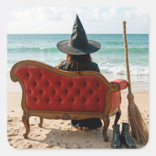 Witch Sitting On a Seashore Sofa Square Sticker