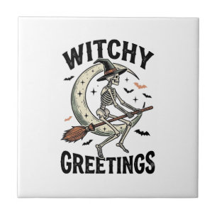 Witch Skeleton Graphic Witchy Greetings Vintage Ha Ceramic Tile