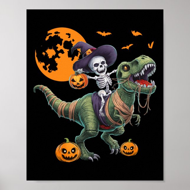 Witch Skeleton Riding Dinosaur T Rex Halloween Fun Poster (Front)