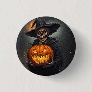 Witch Skeleton With Glowing Pumpkin Halloween 🎃 Button