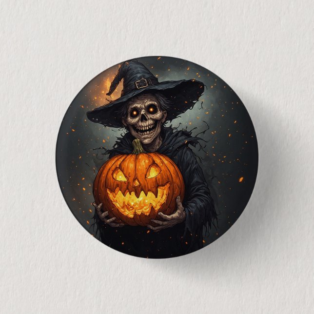 Witch Skeleton With Glowing Pumpkin Halloween 🎃 Button (Front)