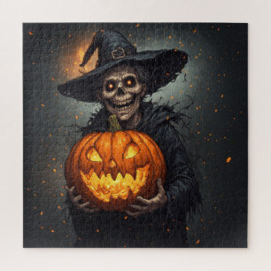 Witch Skeleton With Glowing Pumpkin Halloween 🎃 Jigsaw Puzzle