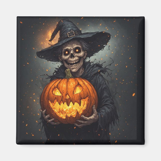 Witch Skeleton With Glowing Pumpkin Halloween 🎃 Magnet (Front)