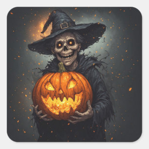 Witch Skeleton With Glowing Pumpkin Halloween 🎃 Square Sticker