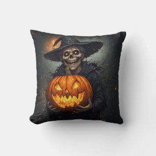 Witch Skeleton With Glowing Pumpkin Halloween 🎃 Throw Pillow