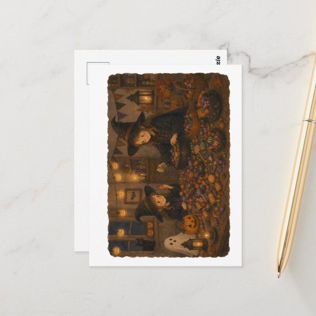 Witch Sorting Halloween Candy for Candy Lovers Postcard (Front/Back In Situ)