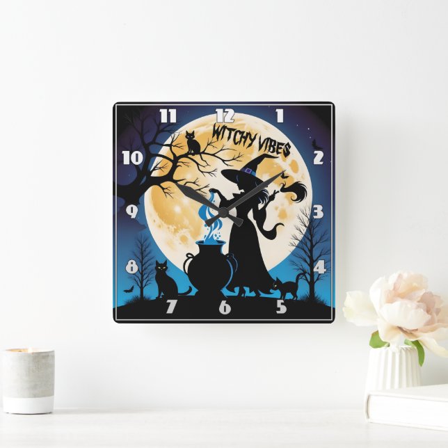 Witch stirring potions on Halloween night Square Wall Clock (Home)