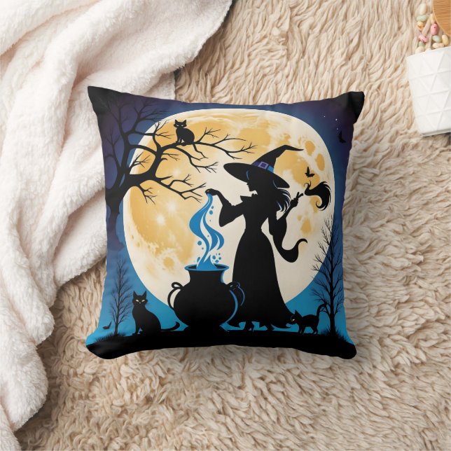 Witch stirring potions on Halloween night Throw Pillow (Blanket)