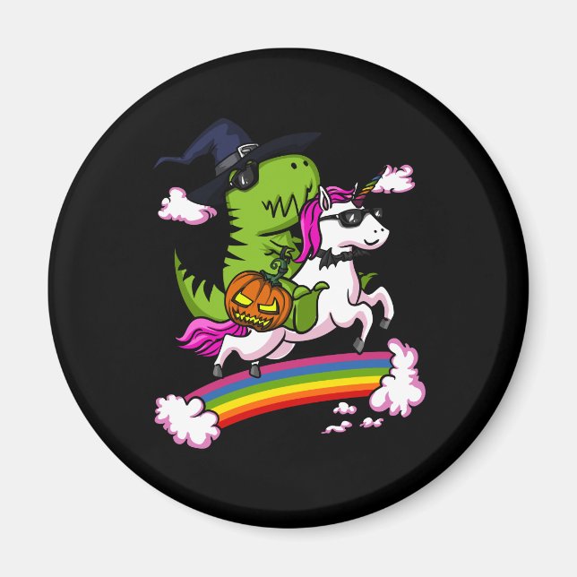 Witch T-Rex Dinosaur Riding Unicorn Halloween Magnet (Front)