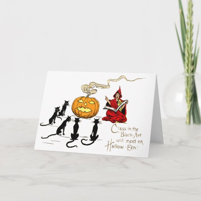 Witch Teaching Black Cat Jack O' Lantern Card (Front)