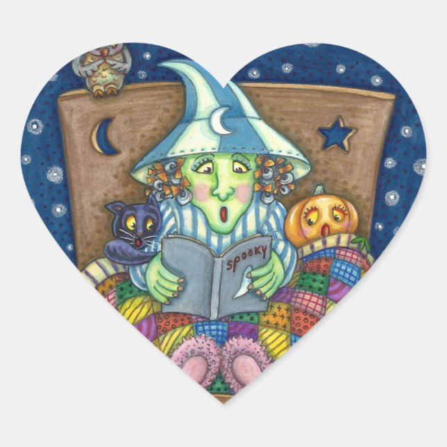 WITCH TELLING SPOOKY BEDTIME STORIES, HALLOWEEN HEART STICKER (Front)