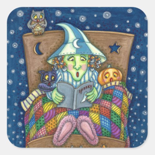 WITCH TELLING SPOOKY BEDTIME STORIES HALLOWEEN SQUARE STICKER