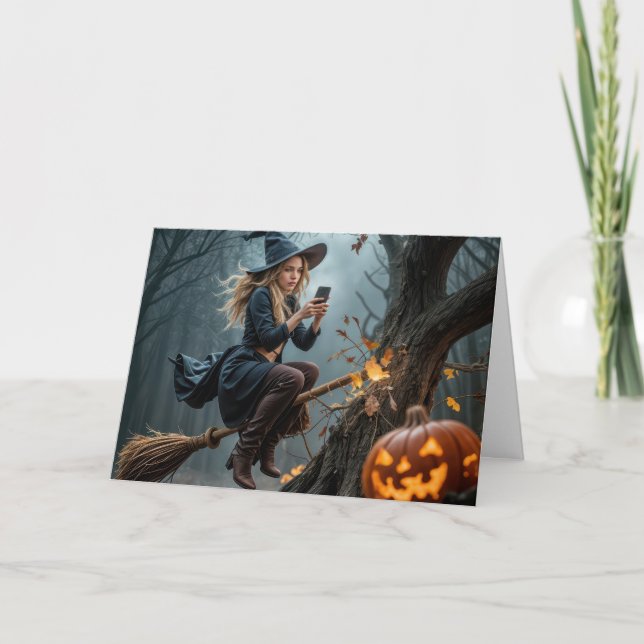 Witch Texting While Flying On a Broom Card (Front)
