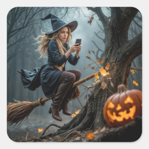 Witch Texting While Flying On a Broom Square Sticker