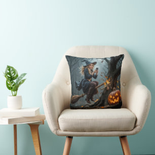 Witch Texting While Flying On a Broom Throw Pillow