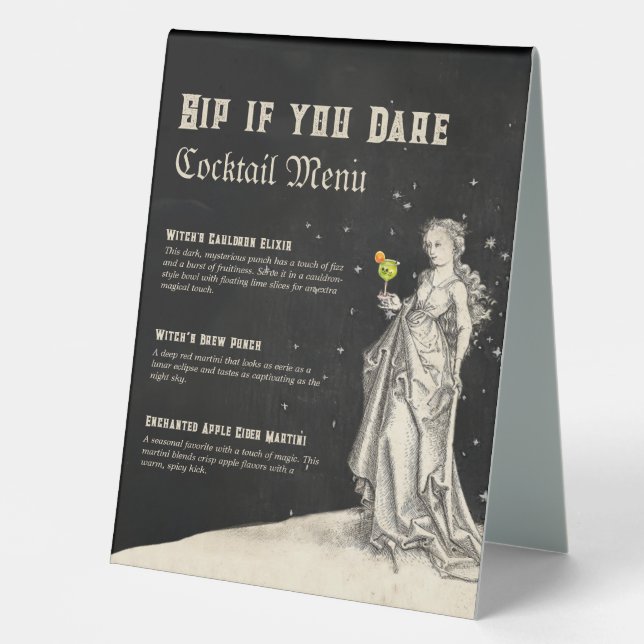 Witch Themed halloween Party Cocktail Menu  Table Tent (Front)