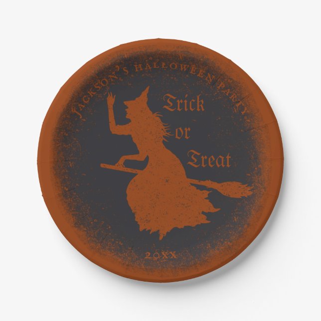 Witch Trick or Treat Halloween Grunge Illustration Paper Plates (Front)