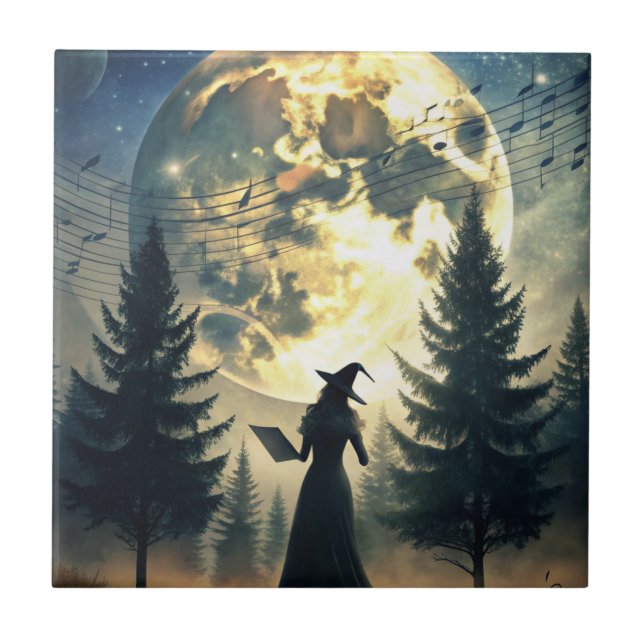 Witch Under Full Moon Enchanted Night Ceramic Tile (Front)