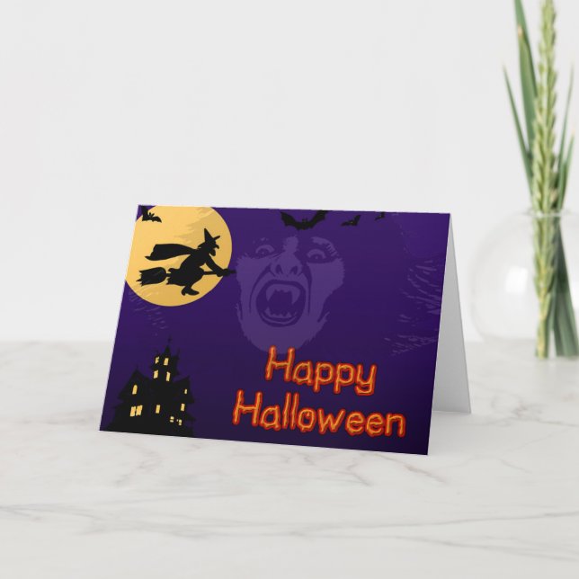 Witch, Vampire and Haunted House Greeting Card (Front)