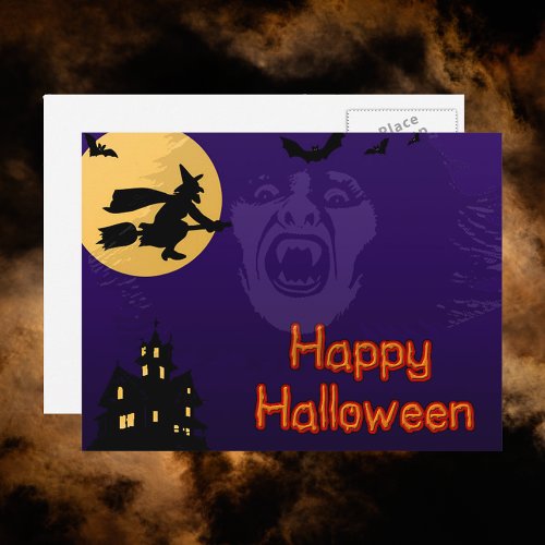Witch Vampire and Haunted House Postcard