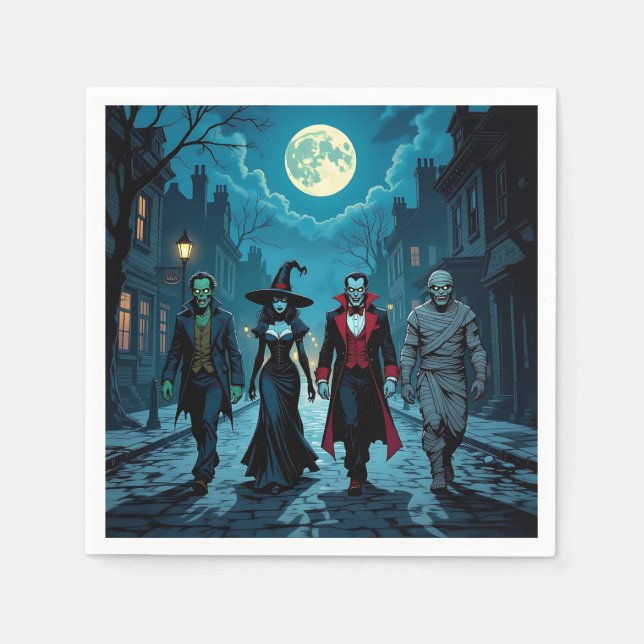 Witch, Vampire, Dracula and Mummy Halloween Party Napkins (Front)