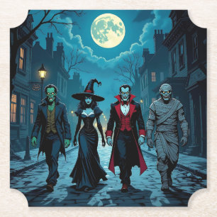 Witch, Vampire, Dracula and Mummy Halloween Party Paper Coaster