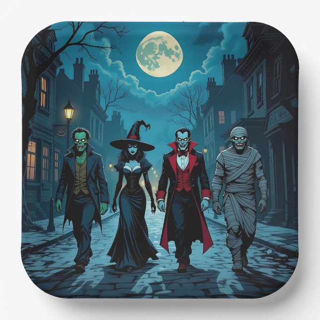Witch, Vampire, Dracula and Mummy Halloween Party Paper Plates (Front)