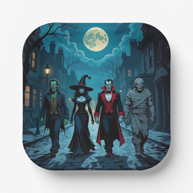 Witch, Vampire, Dracula and Mummy Halloween Party Paper Plates (Front)