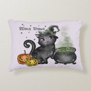 Witch Vibes – Cute Black Cat with Cauldron Accent Pillow