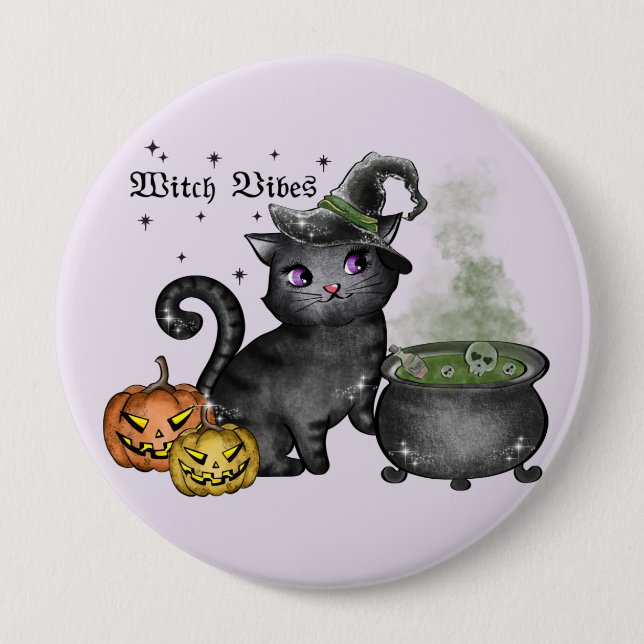 Witch Vibes – Cute Black Cat with Cauldron Button (Front)