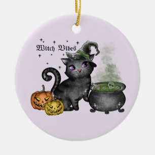 Witch Vibes – Cute Black Cat with Cauldron Ceramic Ornament