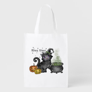 Witch Vibes – Cute Black Cat with Cauldron Grocery Bag