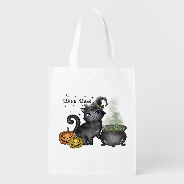 Witch Vibes – Cute Black Cat with Cauldron Grocery Bag (Front)