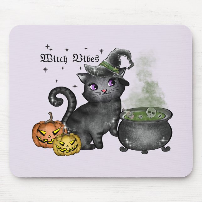 Witch Vibes – Cute Black Cat with Cauldron Mouse Pad (Front)