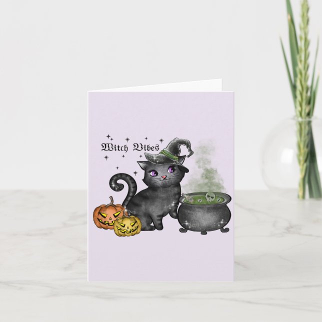 Witch Vibes – Cute Black Cat with Cauldron Note Card (Front)