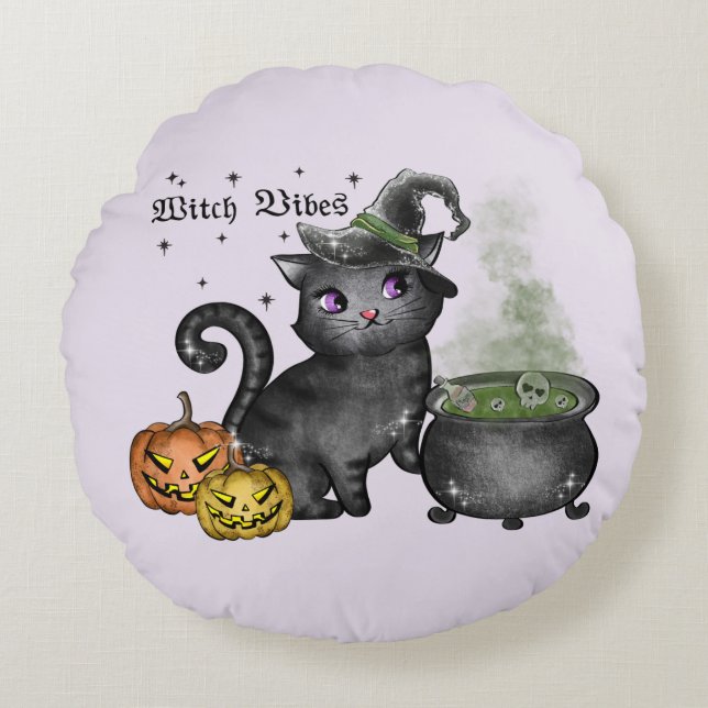 Witch Vibes – Cute Black Cat with Cauldron Round Pillow (Front)