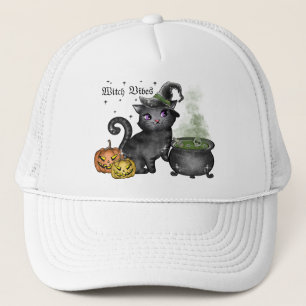 Witch Vibes – Cute Black Cat with Cauldron Trucker Hat