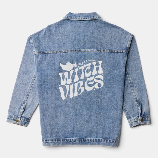 Witch Vibes Halloween Magic Broom Denim Jacket (Back)