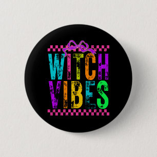 Witch Vibes Halloween Neon Checkered Bow Button