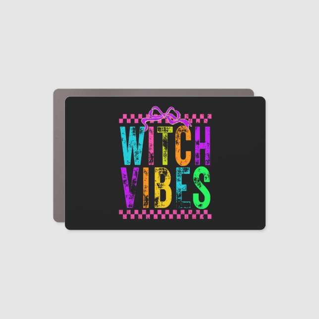 Witch Vibes Halloween Neon Checkered Bow Car Magnet (Front)