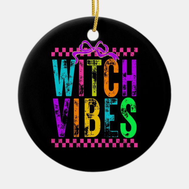 Witch Vibes Halloween Neon Checkered Bow Ceramic Ornament (Front)