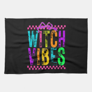 Witch Vibes Halloween Neon Checkered Bow Kitchen Towel