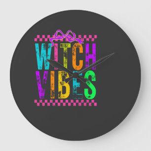 Witch Vibes Halloween Neon Checkered Bow Large Clock