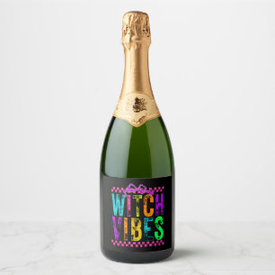 Witch Vibes Halloween Neon Checkered Bow Sparkling Wine Label