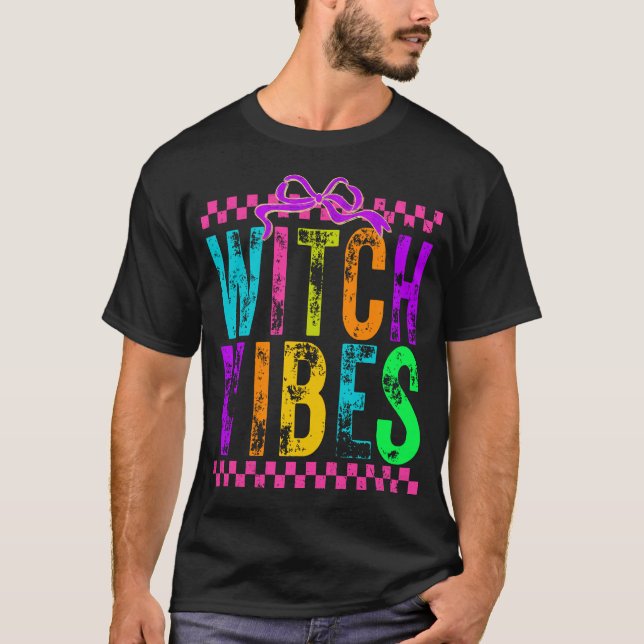 Witch Vibes Halloween Neon Checkered Bow T-Shirt (Front)