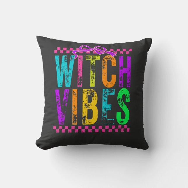 Witch Vibes Halloween Neon Checkered Bow Throw Pillow (Front)
