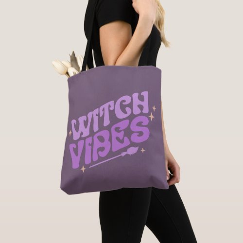 Witch Vibes Stars Broomstick Purple Halloween Tote Bag
