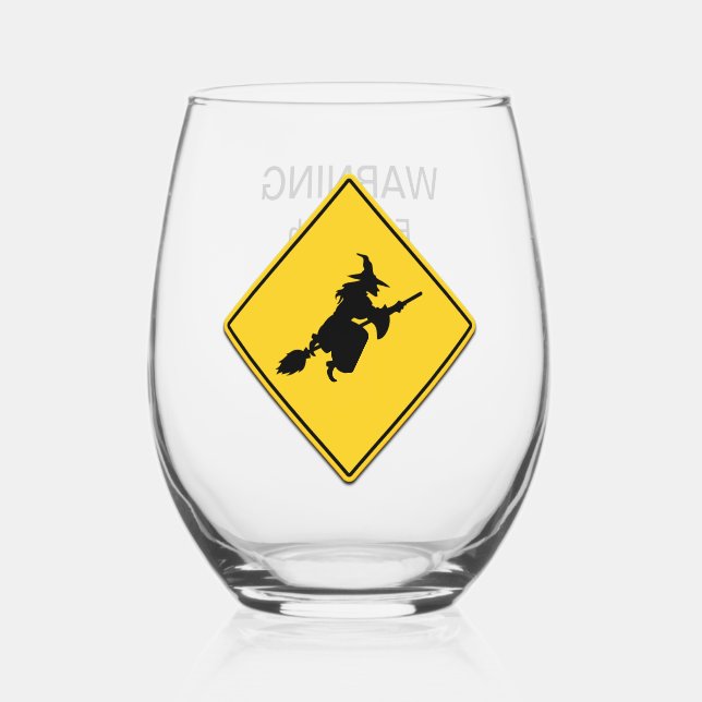 Witch Warning Halloween Stemless Wine Glass (Front)