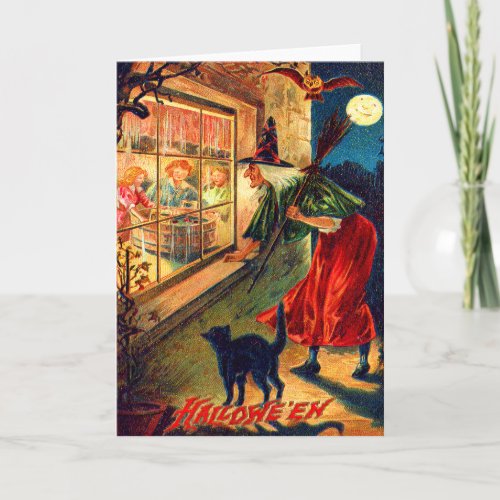 Witch Watching Children Owl Black Cat Card