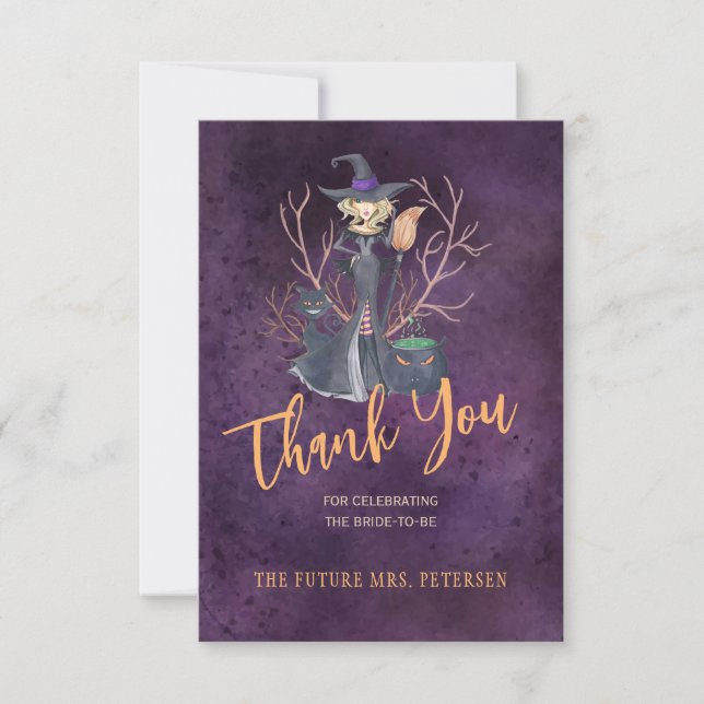 Witch watercolor Halloween bridal shower thank you (Front)